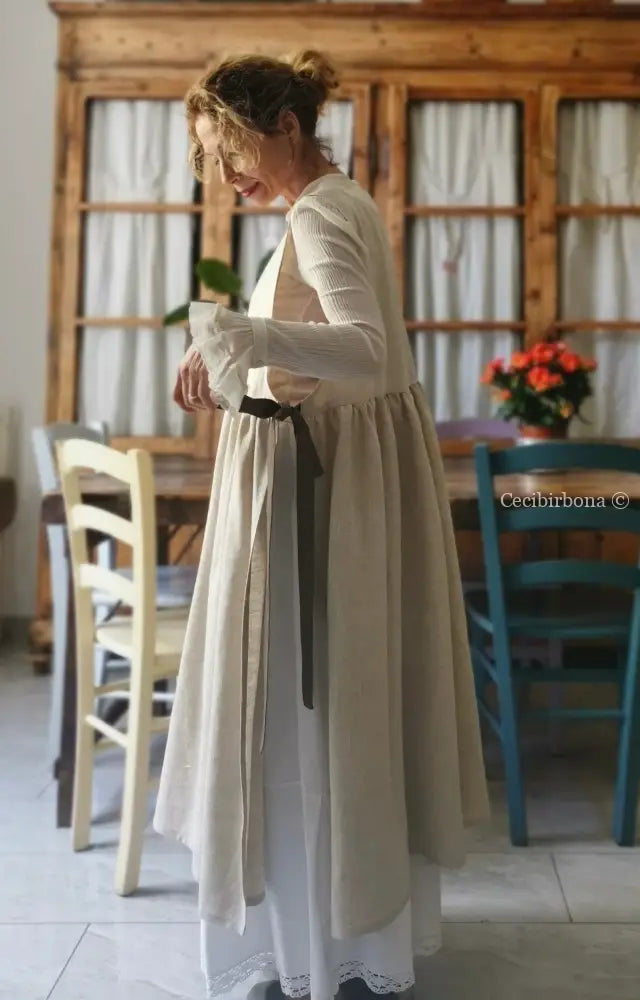 Grembiule abito in lino grezzo beige con lacci marroni (Ref. 29) grembiule donna tessuti moderni