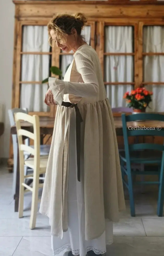 Grembiule abito in lino grezzo beige con lacci marroni (Ref. 29) grembiule donna tessuti moderni