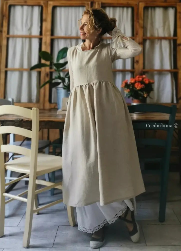 Grembiule abito in lino grezzo beige con lacci marroni (Ref. 29) grembiule donna tessuti moderni