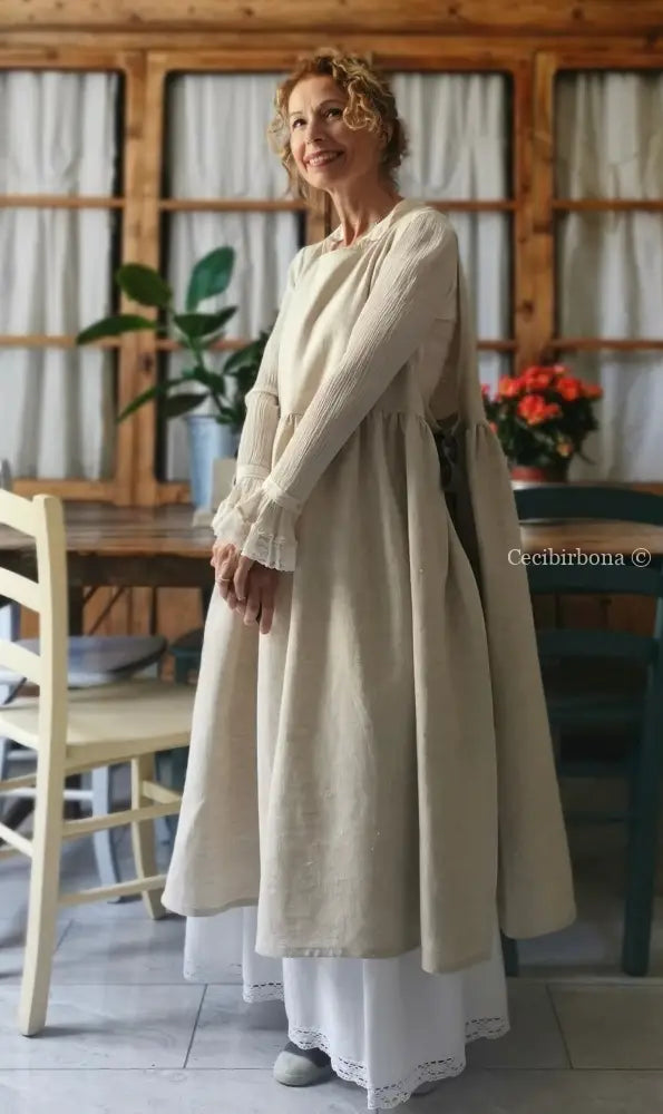 Grembiule abito in lino grezzo beige con lacci marroni (Ref. 29) grembiule donna tessuti moderni