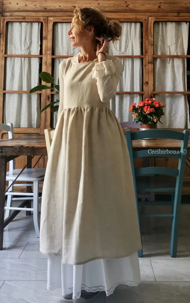 Grembiule abito in lino grezzo beige con lacci marroni (Ref. 29) grembiule donna tessuti moderni