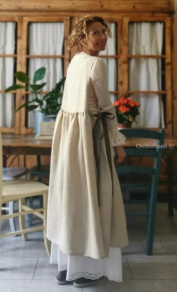 Grembiule abito in lino grezzo beige con lacci marroni (Ref. 29) grembiule donna tessuti moderni