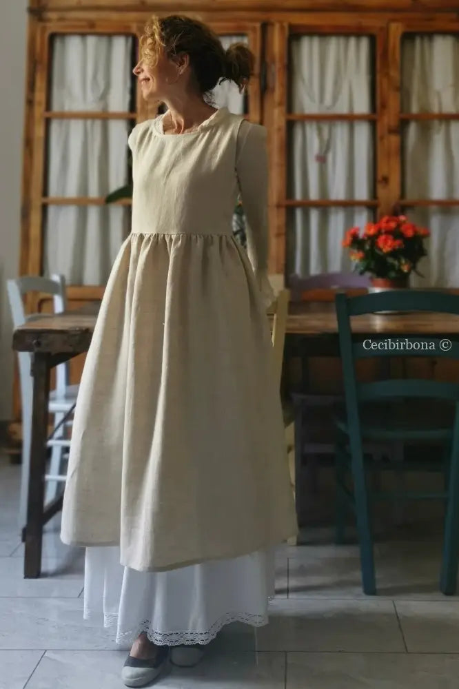 Grembiule abito in lino grezzo beige con lacci marroni (Ref. 29) grembiule donna tessuti moderni