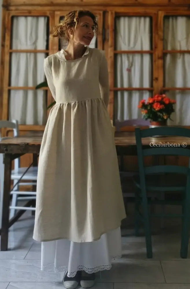 Grembiule abito in lino grezzo beige con lacci marroni (Ref. 29) grembiule donna tessuti moderni