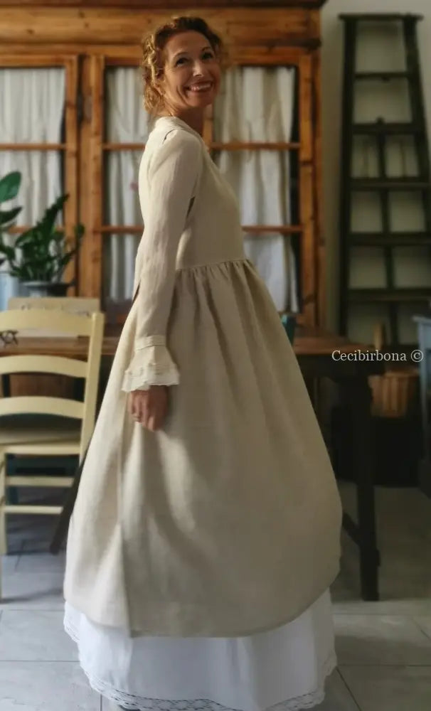 Grembiule abito in lino grezzo beige con lacci marroni (Ref. 29) grembiule donna tessuti moderni