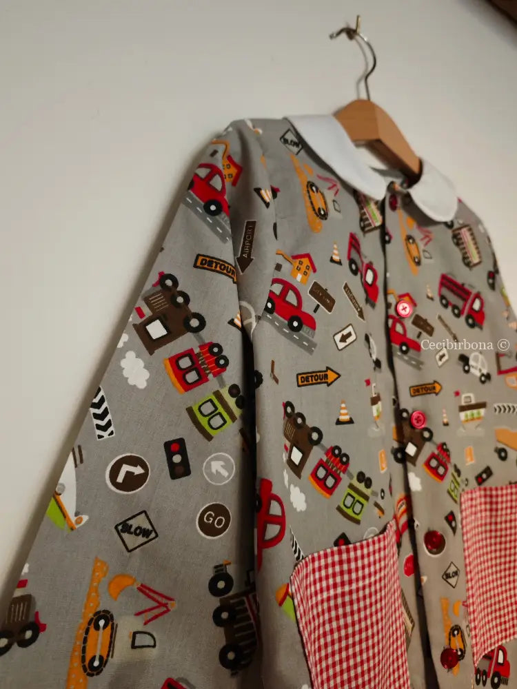Grembiule bambino in cotone grigio con mezzi di trasporto 3/4 anni grembiule asilo bimbo