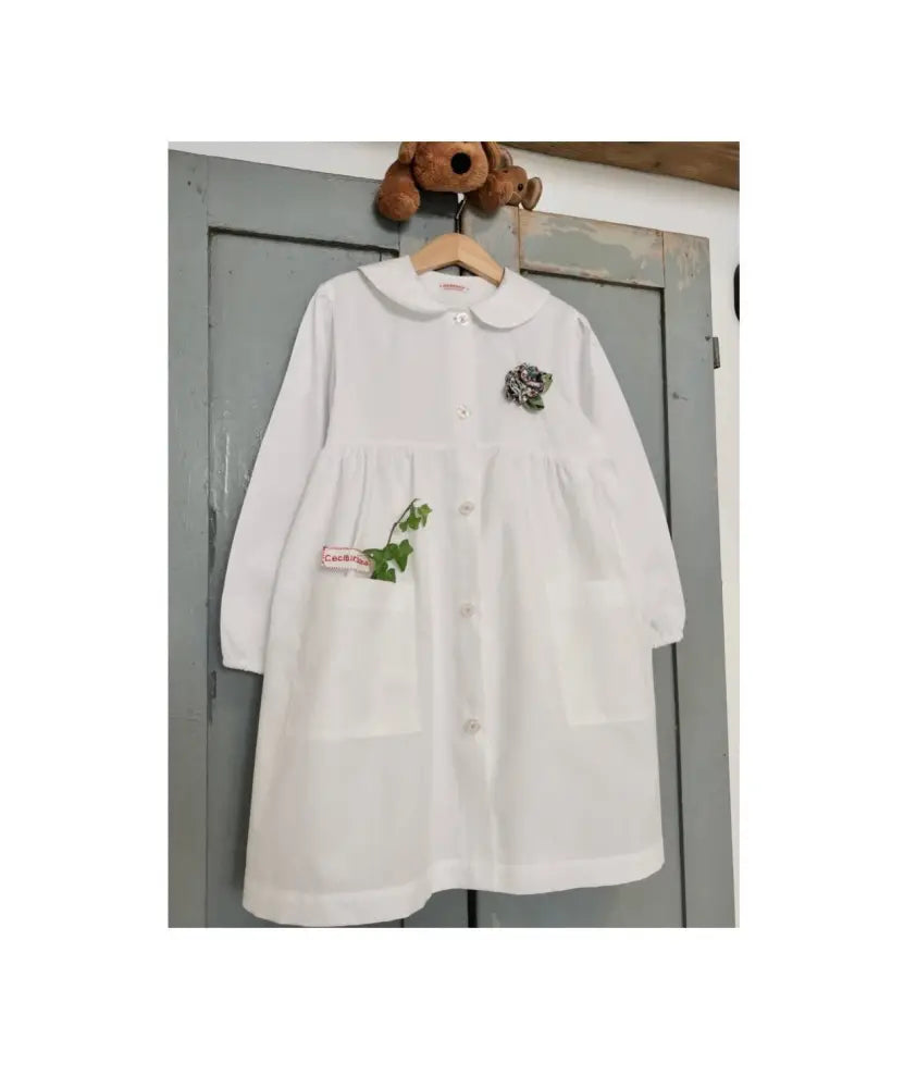 Grembiule bianco collo tondo bouquet di fiori per scuola materna ed elementare - grembiulino asilo ed elementari per