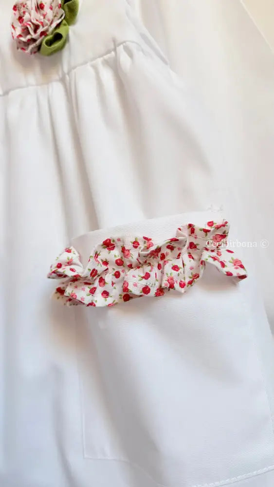 Grembiule bianco per asilo con rouches e fiore - grembiule asilo bimba