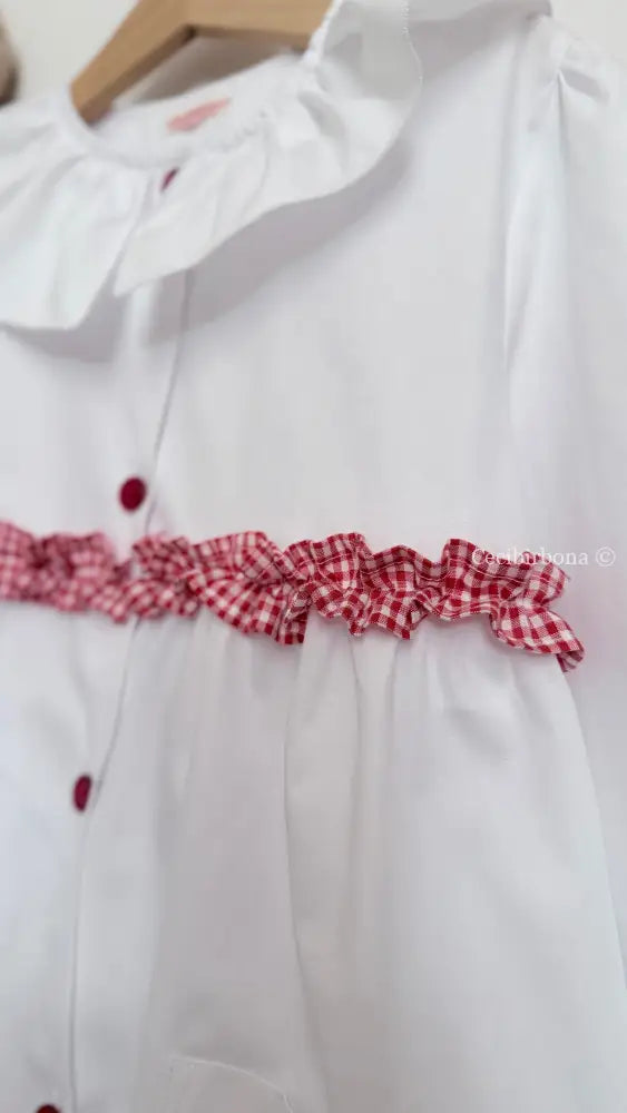 Grembiule bianco per scuola primaria con rouche a quadretti Vichy rossi e colletto Pierrot - Grembiule bimba