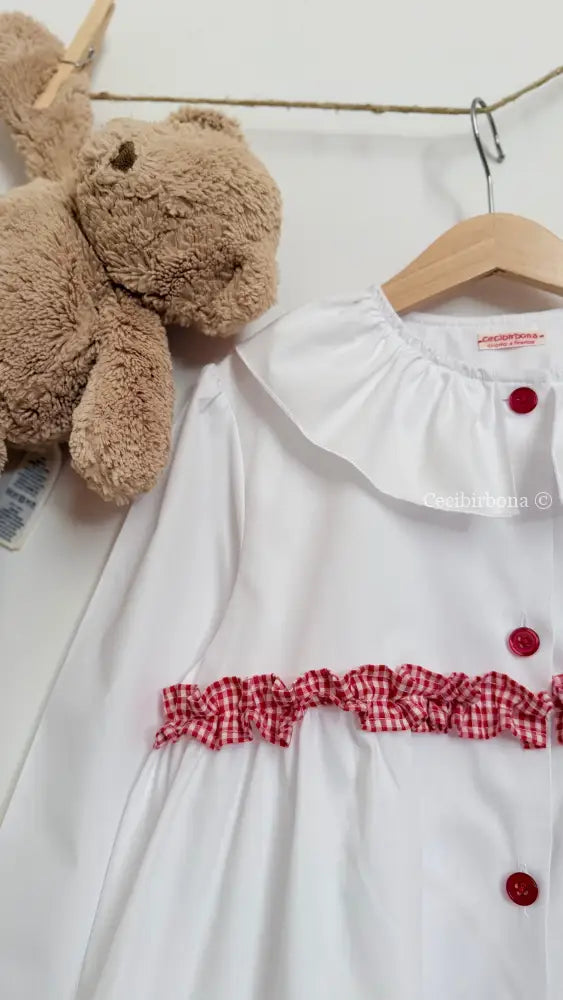 Grembiule bianco per scuola primaria con rouche a quadretti Vichy rossi e colletto Pierrot - Grembiule bimba