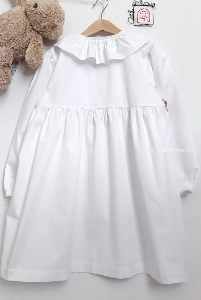 Grembiule bianco per scuola primaria con rouche a quadretti Vichy rossi e colletto Pierrot - Grembiule bimba