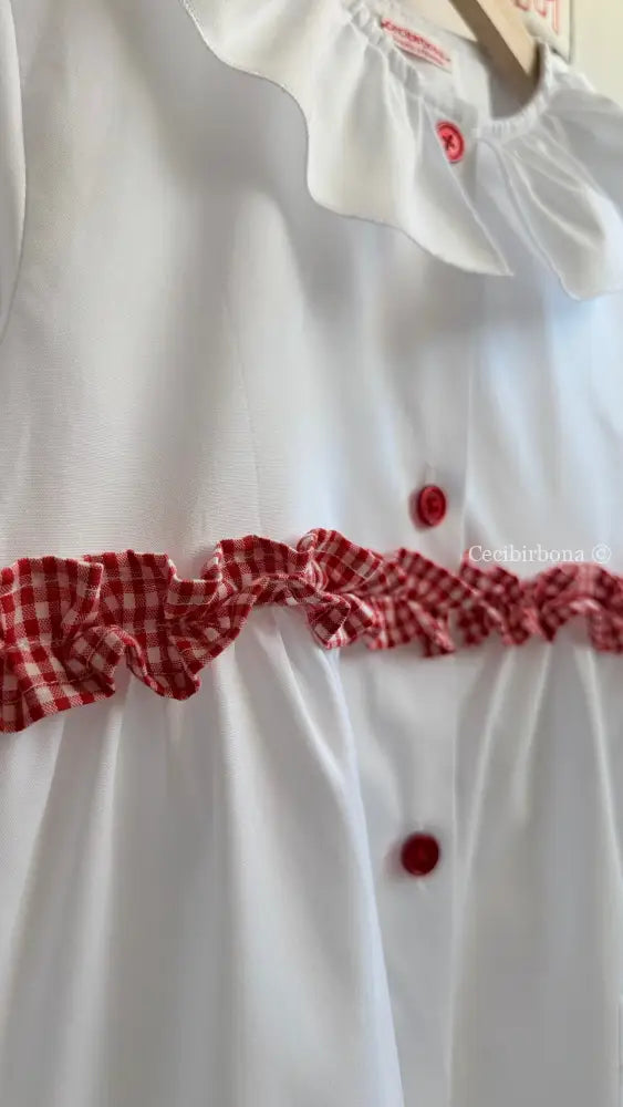 Grembiule bianco per scuola primaria con rouche a quadretti Vichy rossi e colletto Pierrot - Grembiule bimba