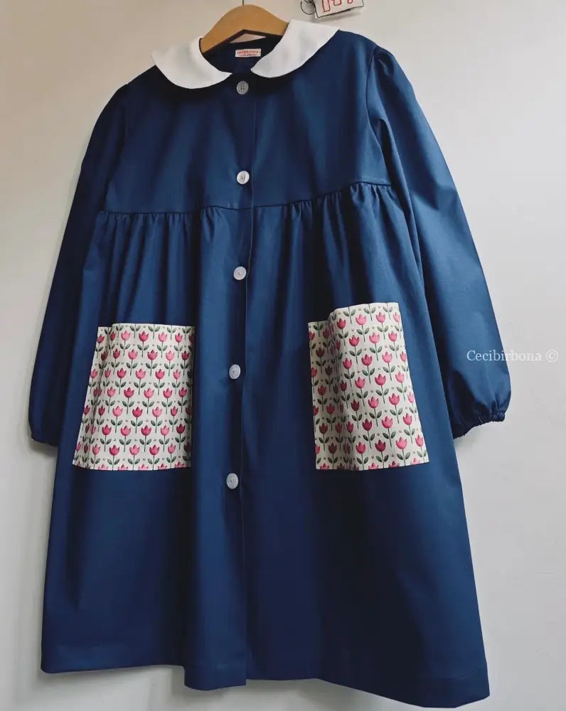 Grembiule blu con i tulipani rosa grembiule scuola bimba