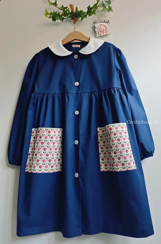 Grembiule blu con i tulipani rosa grembiule scuola bimba