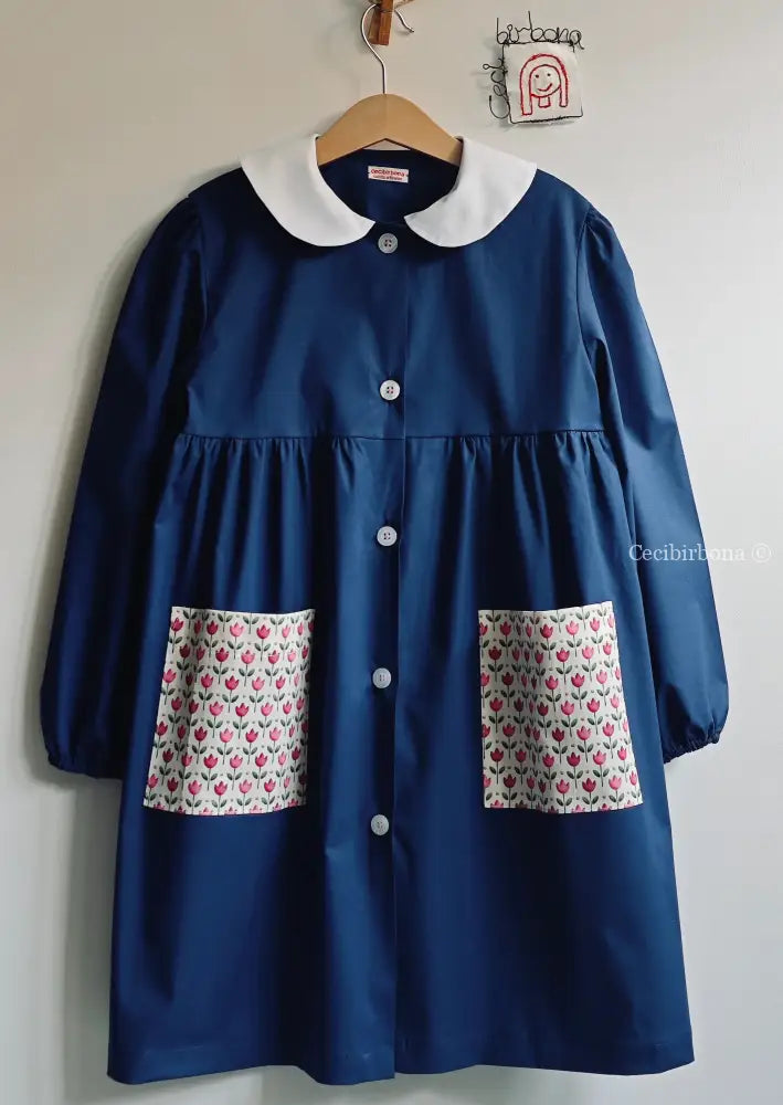 Grembiule blu con i tulipani rosa grembiule scuola bimba