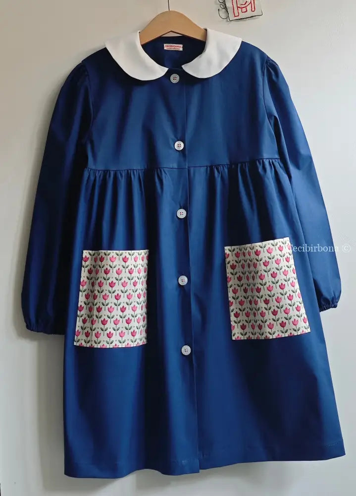 Grembiule blu con i tulipani rosa grembiule scuola bimba