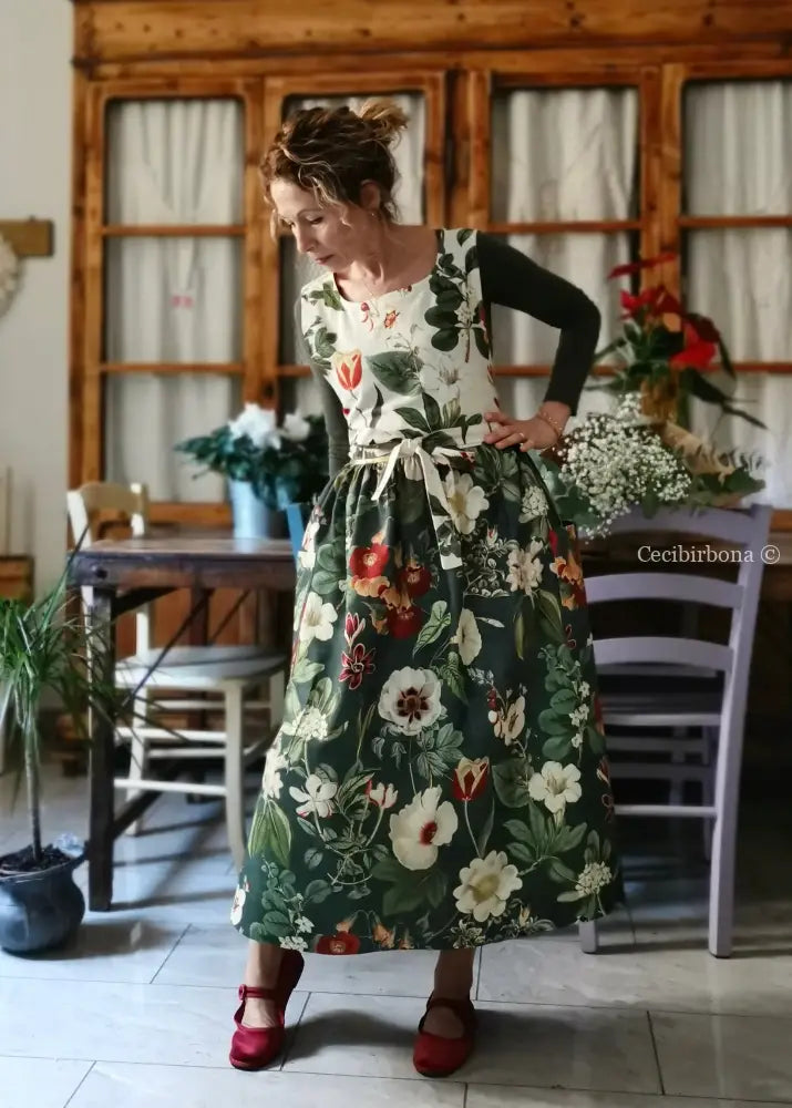 Grembiule “Botanica” in cotone patchwork crema e verde (Ref. 485) grembiule donna tessuti moderni