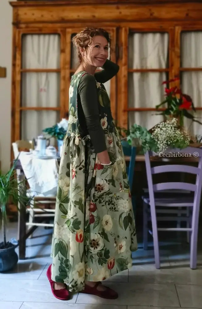 Grembiule “Botanica” in cotone patchwork verde grigio (Ref. 484) grembiule donna tessuti moderni