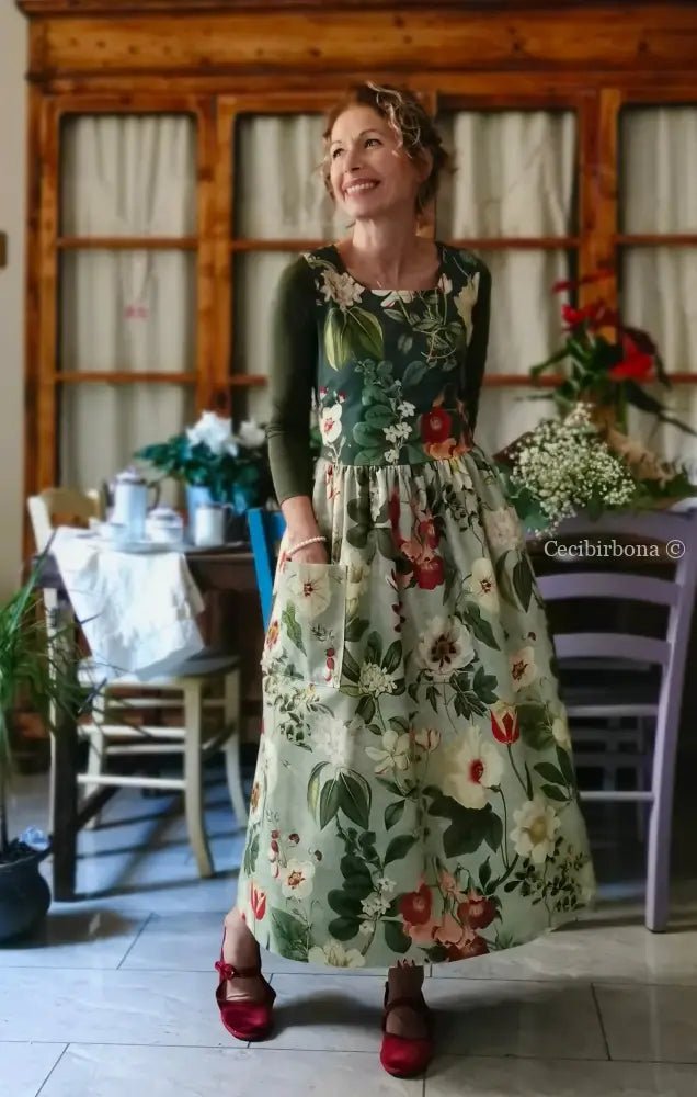 Grembiule “Botanica” in cotone patchwork verde grigio (Ref. 484) grembiule donna tessuti moderni