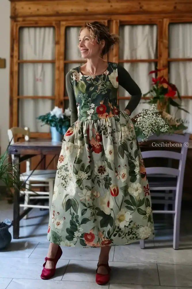 Grembiule “Botanica” in cotone patchwork verde grigio (Ref. 484) grembiule donna tessuti moderni