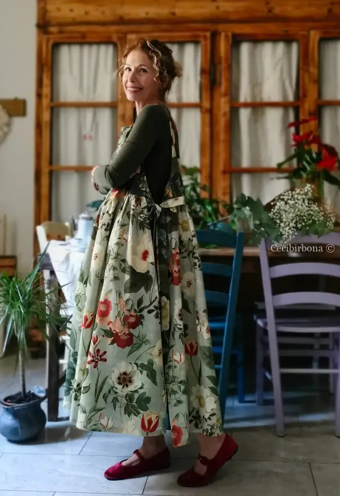 Grembiule “Botanica” in cotone patchwork verde grigio (Ref. 484) grembiule donna tessuti moderni