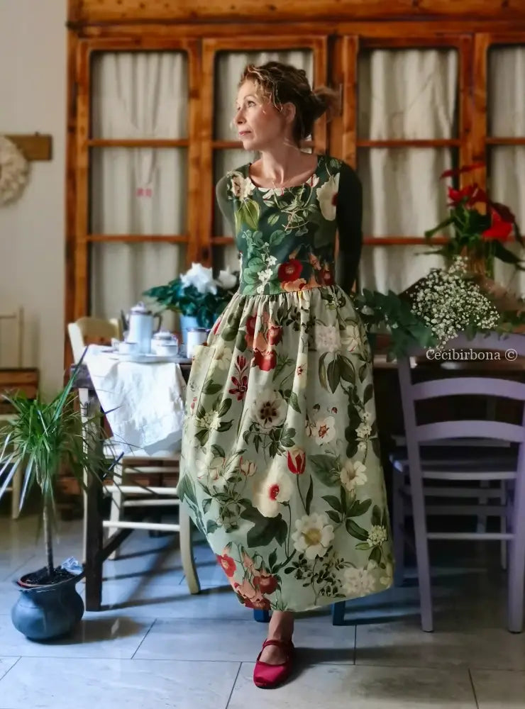 Grembiule “Botanica” in cotone patchwork verde grigio (Ref. 484) grembiule donna tessuti moderni