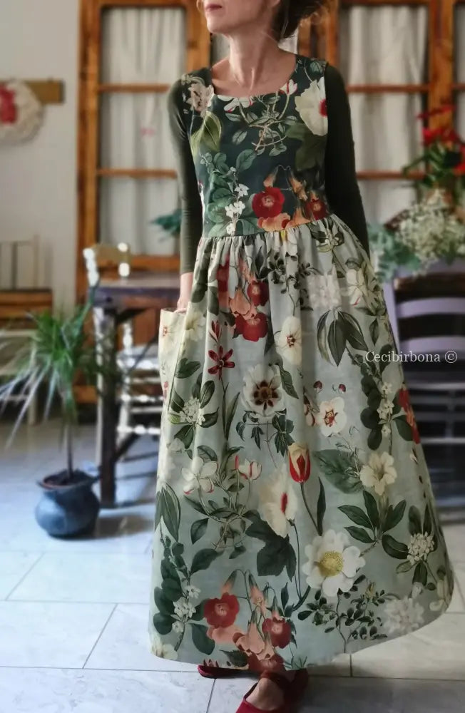 Grembiule “Botanica” in cotone patchwork verde grigio (Ref. 484) grembiule donna tessuti moderni