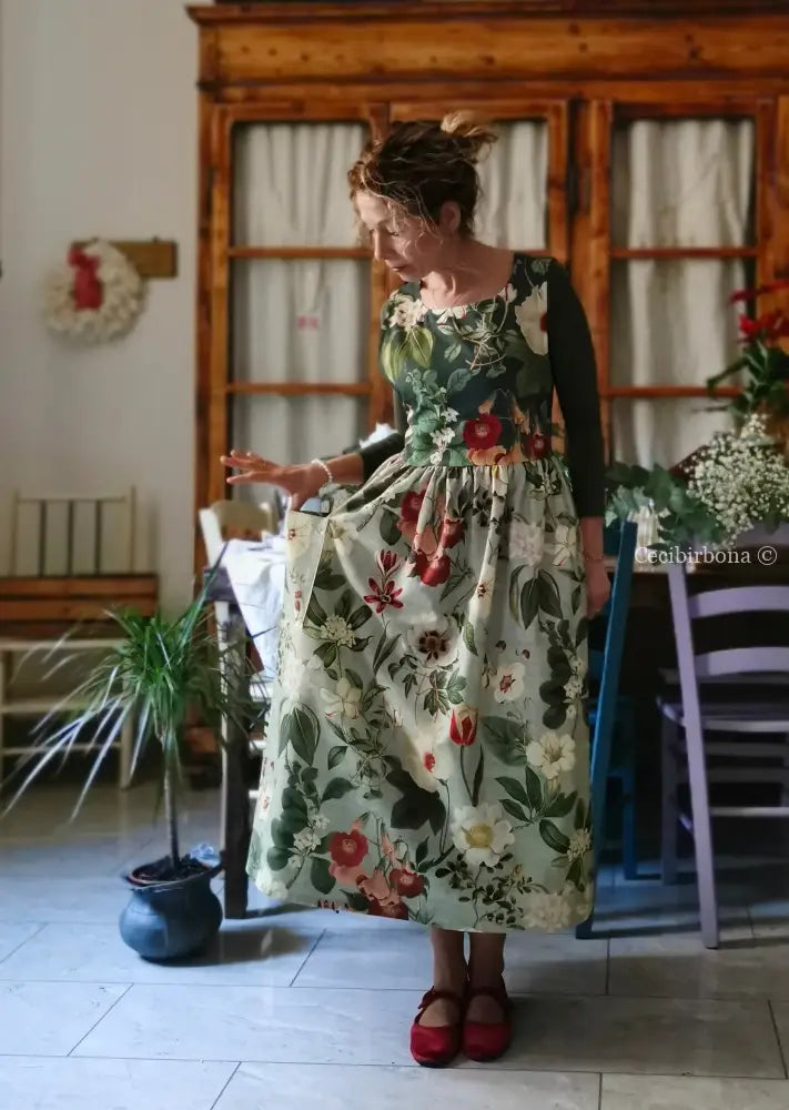 Grembiule “Botanica” in cotone patchwork verde grigio (Ref. 484) grembiule donna tessuti moderni