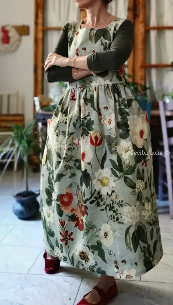 Grembiule “Botanica” in cotone verde grigio (Ref. 483) grembiule donna tessuti moderni
