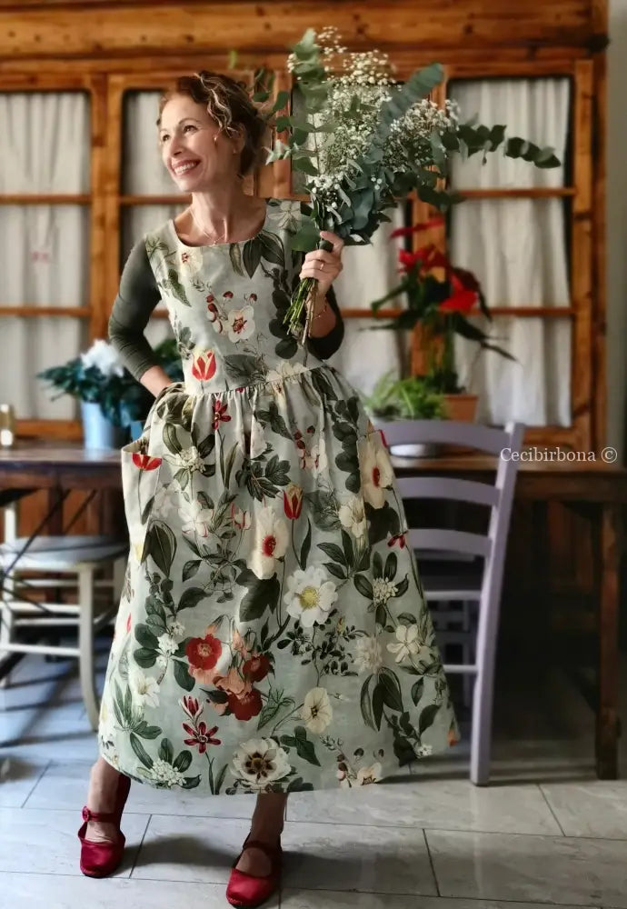 Grembiule “Botanica” in cotone verde grigio (Ref. 483) grembiule donna tessuti moderni