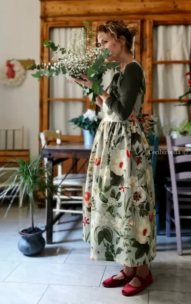 Grembiule “Botanica” in cotone verde grigio (Ref. 483) grembiule donna tessuti moderni