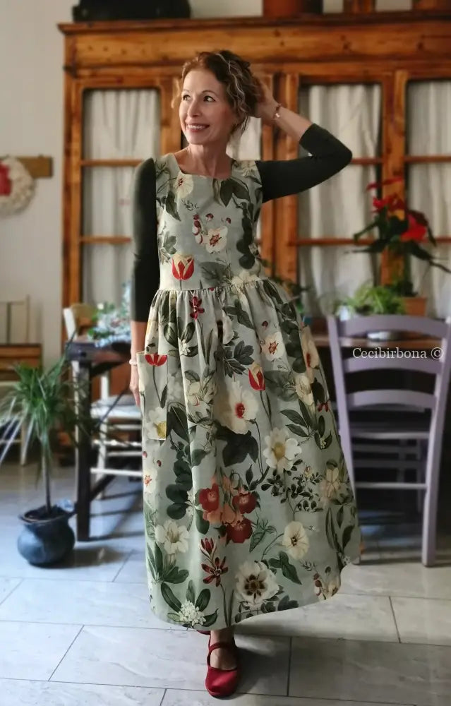 Grembiule “Botanica” in cotone verde grigio (Ref. 483) grembiule donna tessuti moderni
