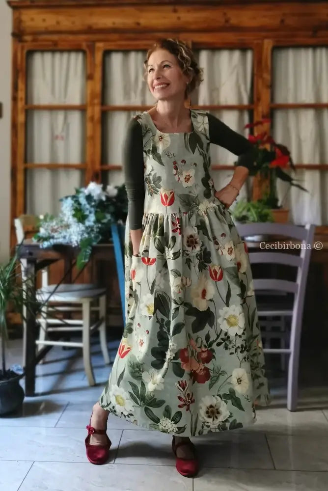 Grembiule “Botanica” in cotone verde grigio (Ref. 483) grembiule donna tessuti moderni