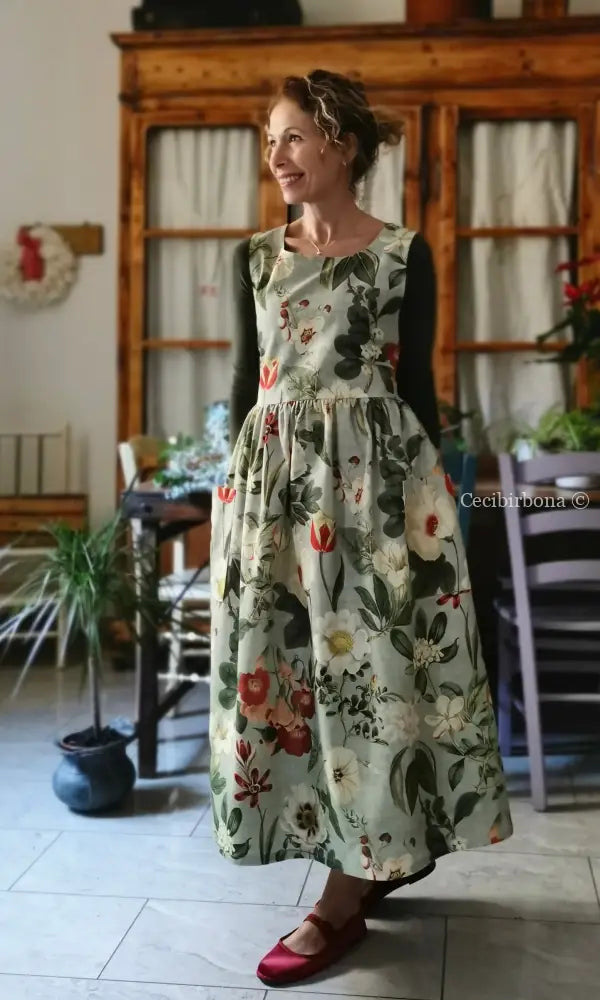 Grembiule “Botanica” in cotone verde grigio (Ref. 483) grembiule donna tessuti moderni