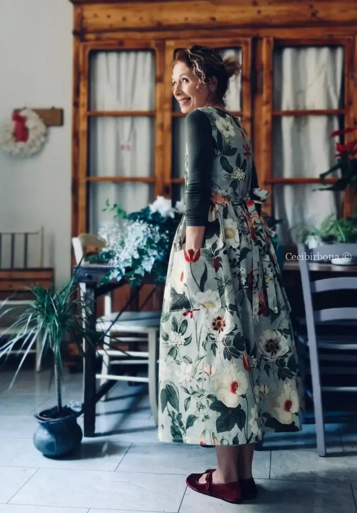 Grembiule “Botanica” in cotone verde grigio (Ref. 483) grembiule donna tessuti moderni