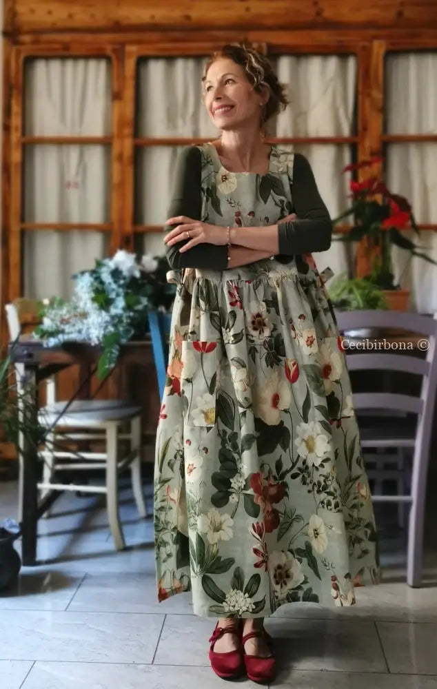 Grembiule “Botanica” in cotone verde grigio (Ref. 483) grembiule donna tessuti moderni