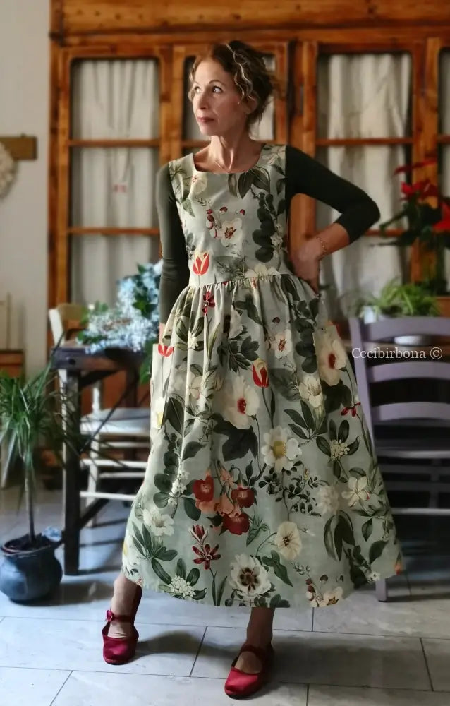 Grembiule “Botanica” in cotone verde grigio (Ref. 483) grembiule donna tessuti moderni