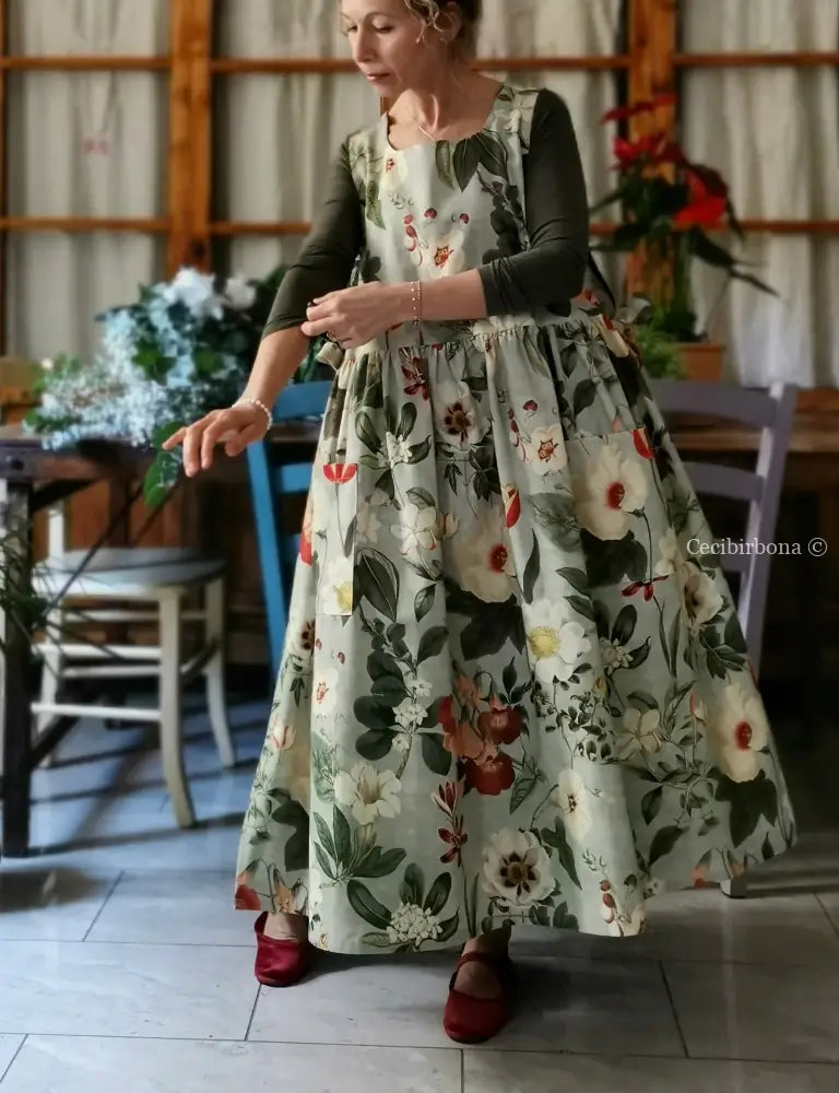 Grembiule “Botanica” in cotone verde grigio (Ref. 483) grembiule donna tessuti moderni