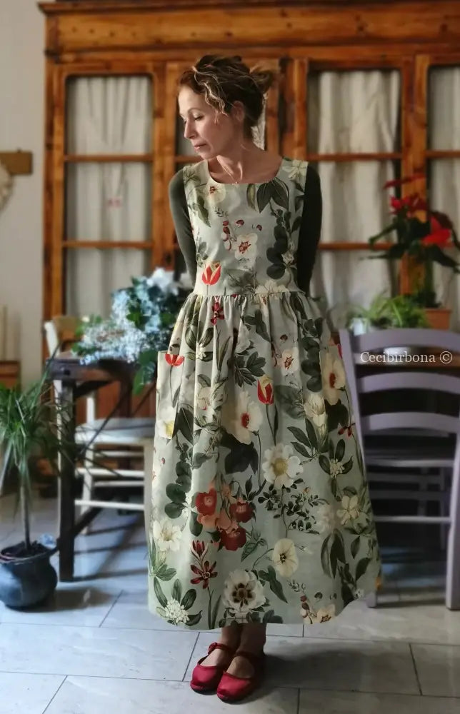 Grembiule “Botanica” in cotone verde grigio (Ref. 483) grembiule donna tessuti moderni