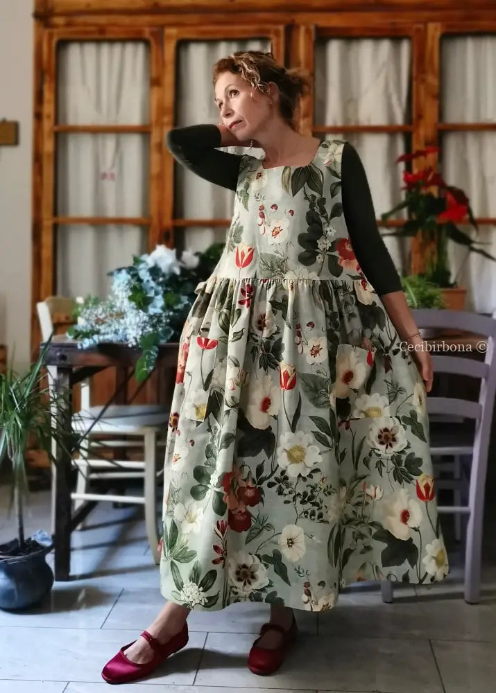 Grembiule “Botanica” in cotone verde grigio (Ref. 483) grembiule donna tessuti moderni