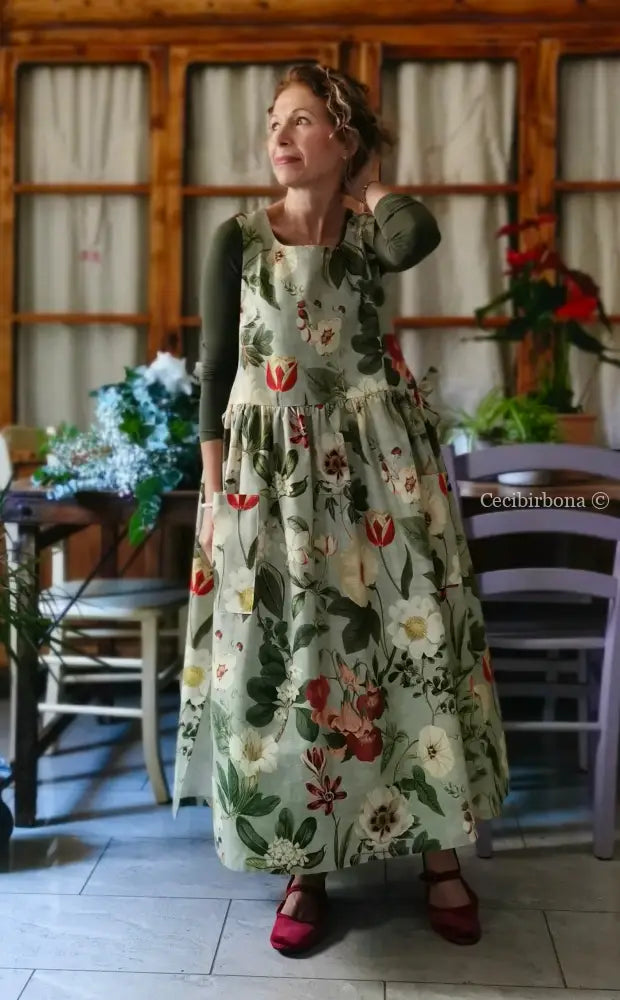 Grembiule “Botanica” in cotone verde grigio (Ref. 483) grembiule donna tessuti moderni