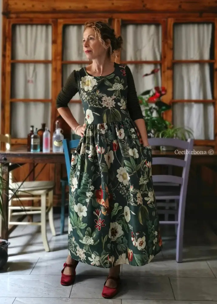 Grembiule “Botanica” in cotone verde (Ref. 502) grembiule donna tessuti moderni