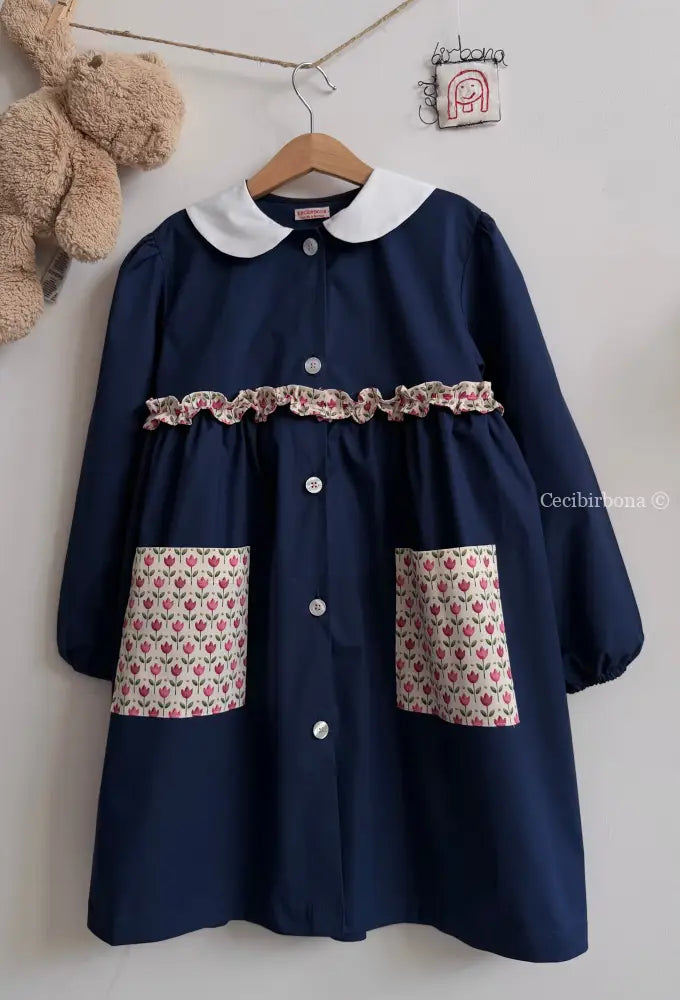 Grembiule con i tulipani rosa e la rouche - grembiule scuola bimba