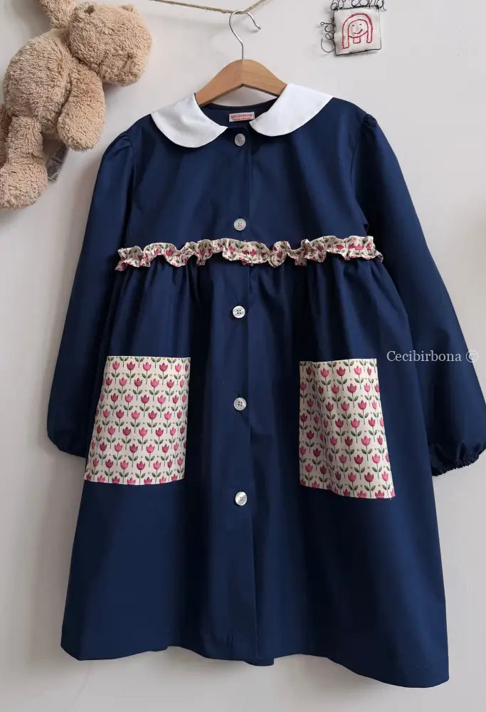 Grembiule con i tulipani rosa e la rouche - grembiule scuola bimba
