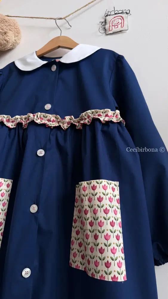 Grembiule con i tulipani rosa e la rouche - grembiule scuola bimba