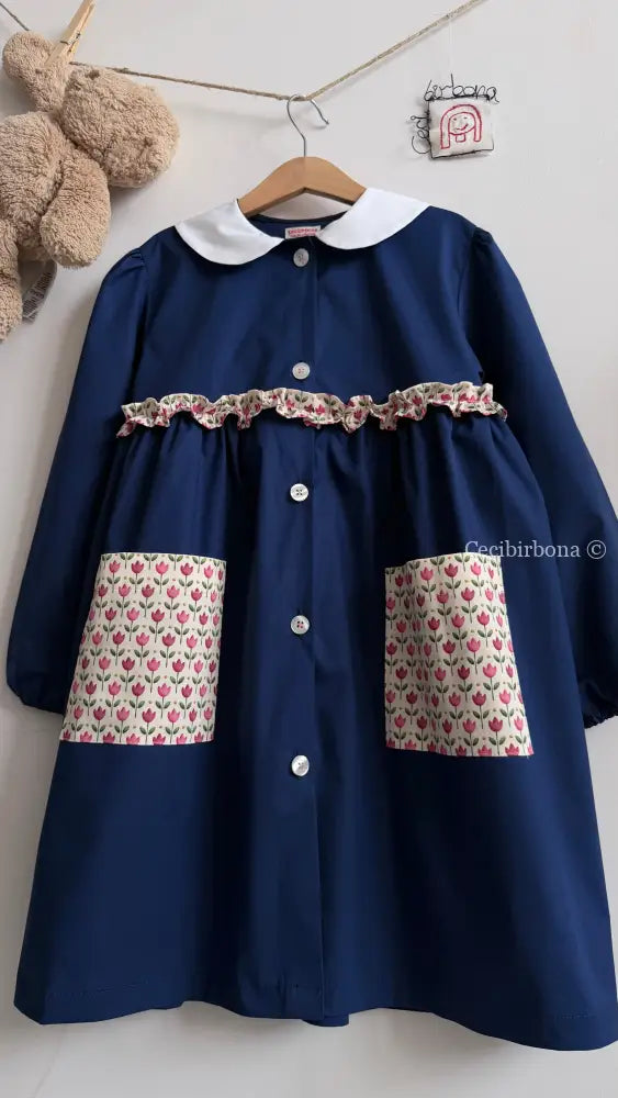 Grembiule con i tulipani rosa e la rouche - grembiule scuola bimba