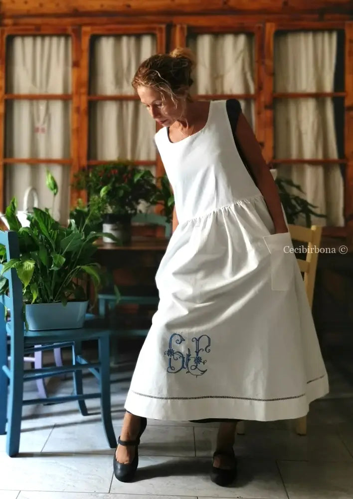 Grembiule con monogramma azzurro GL e sfilatura (Ref. 536) - grembiule donna tessuti antichi