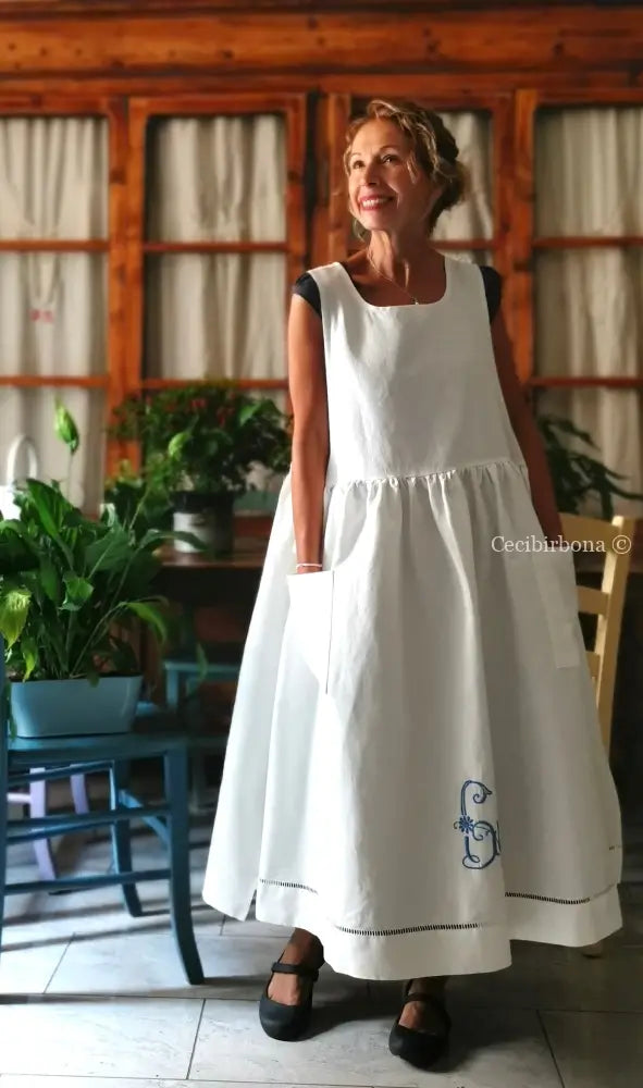 Grembiule con monogramma azzurro GL e sfilatura (Ref. 536) - grembiule donna tessuti antichi