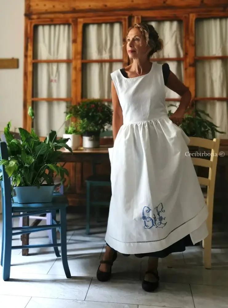 Grembiule con monogramma azzurro GL e sfilatura (Ref. 536) - grembiule donna tessuti antichi