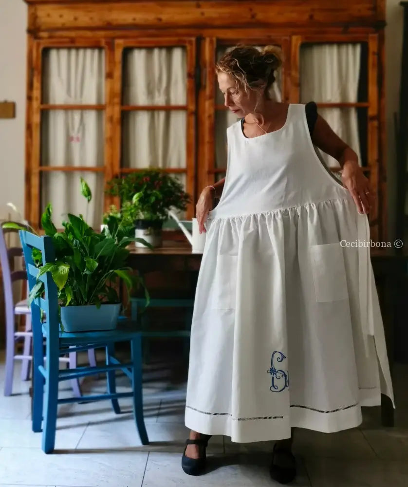 Grembiule con monogramma azzurro GL e sfilatura (Ref. 536) - grembiule donna tessuti antichi
